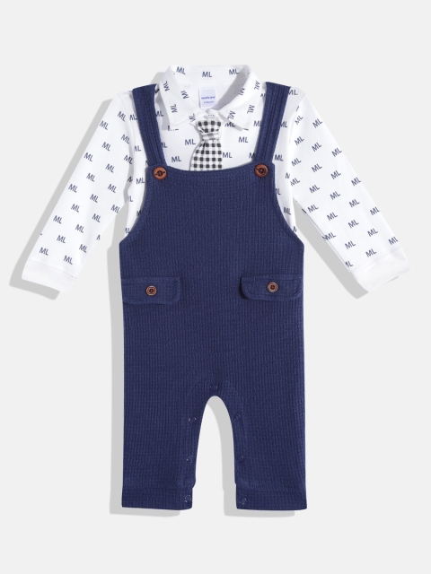 

Moms Love Infant Boys Navy Blue & White Self-Design Pure Cotton Dungaree with TShirt & Tie