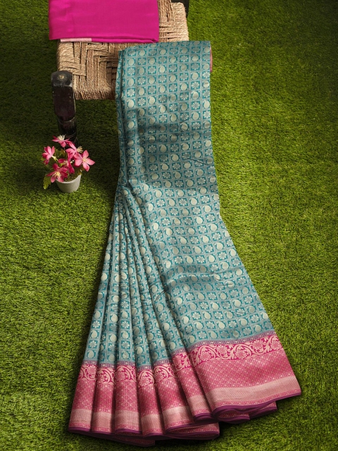 

Kalamandir Teal & Pink Paisley Zari Silk Blend Saree