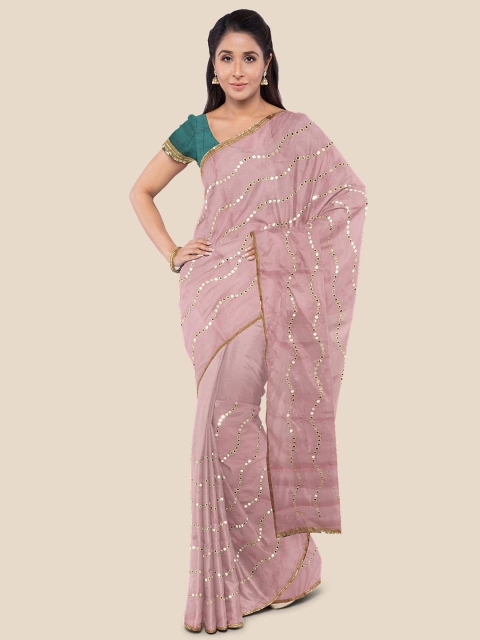 

Kalamandir Pink & White Embellished Mirror Work Silk Blend Saree