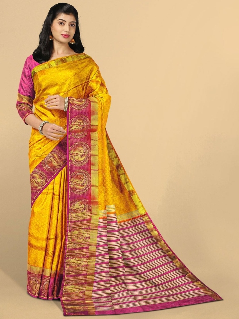 

Kalamandir Yellow & Pink Woven Design Zari Pashmina Saree