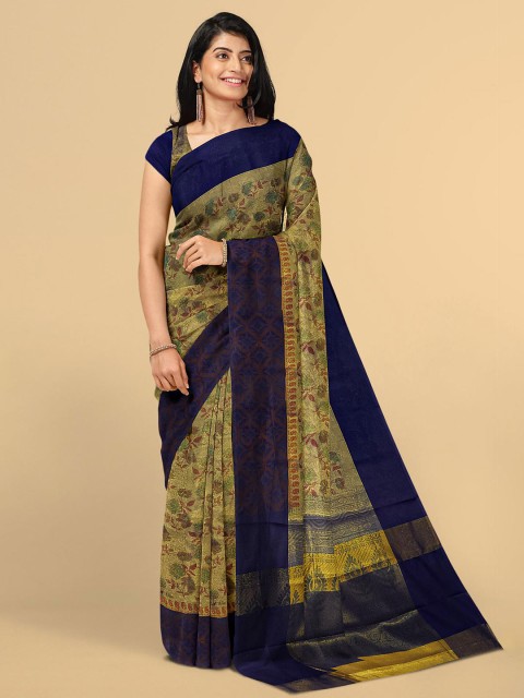 

Kalamandir Navy Blue & Tan Floral Zari Tissue Saree