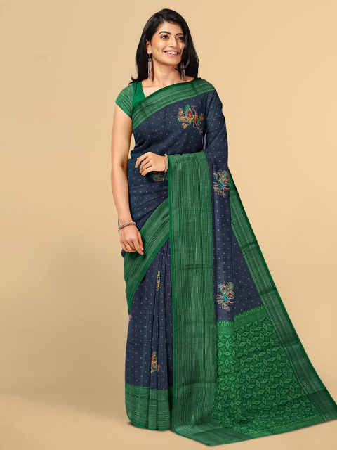 

Kalamandir Navy Blue & Red Floral Linen Blend Saree