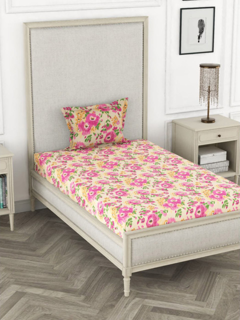

BIANCA Pink & Green Floral 110 TC Single Bedsheet Pure Cotton With 2 Pillow Covers