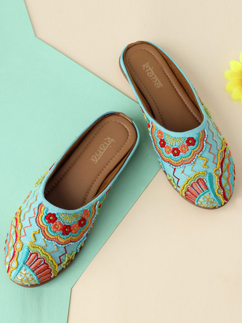 

Kiana Women Blue Textured Leather Embroidered Ethnic Flats