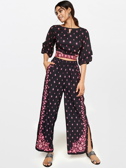 

Global Desi Women Black & Pink Printed Top with Palazzos