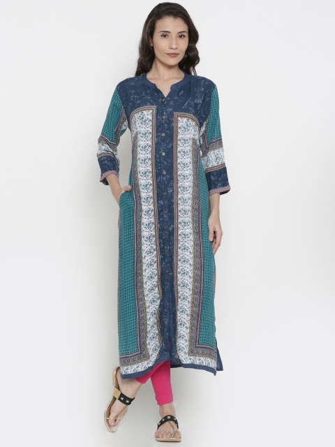 

Shree Women Navy & Green Printed Straight Kurta, Navy blue