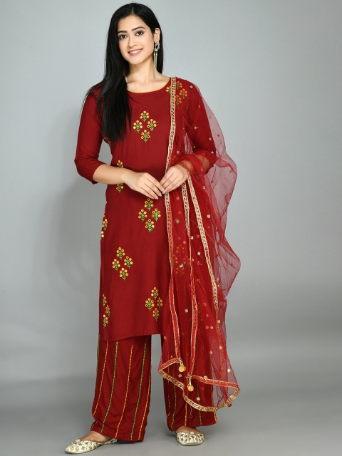 

Queenswear Creation Women Maroon Floral Embroidered Mirror Work Kurta with Palazzos & With Dupatta