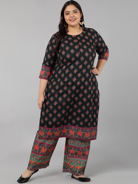 

kipek Women Plus Size Black Ethnic Motifs Printed Pure Cotton Kurta with Palazzos