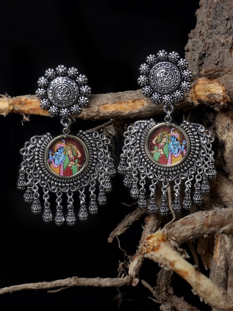 

FIROZA Oxidised Silver-Toned Lord Radha Krishna Handcrafted Oxidised Chandbalis