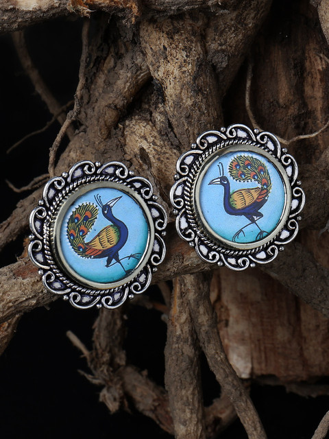 

FIROZA Blue & Oxidized Silver-Toned Handcrafted Circular Studs