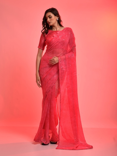 

elora Pink Embellished Sequinned Pure Chiffon Saree