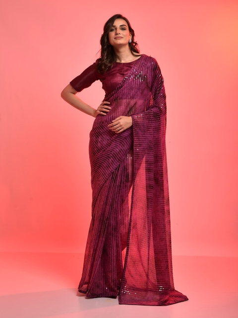 

elora Magenta Embellished Sequinned Pure Chiffon Saree