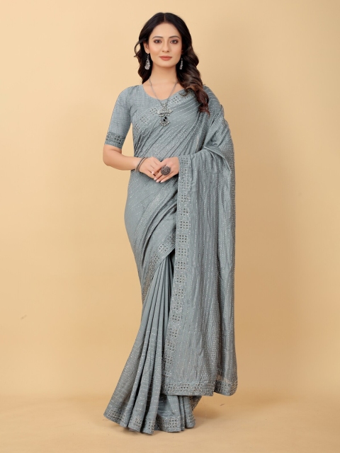 

PUNYATHA CREATION Grey Striped Embellished Pure Silk Saree