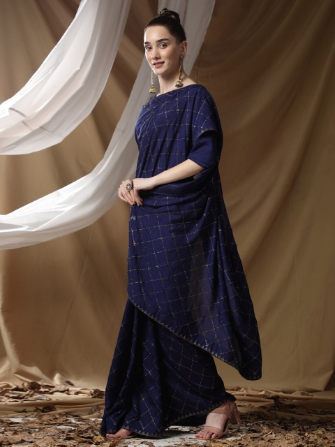 

PUNYATHA CREATION Navy Blue Checked Embellished Pure Silk Saree