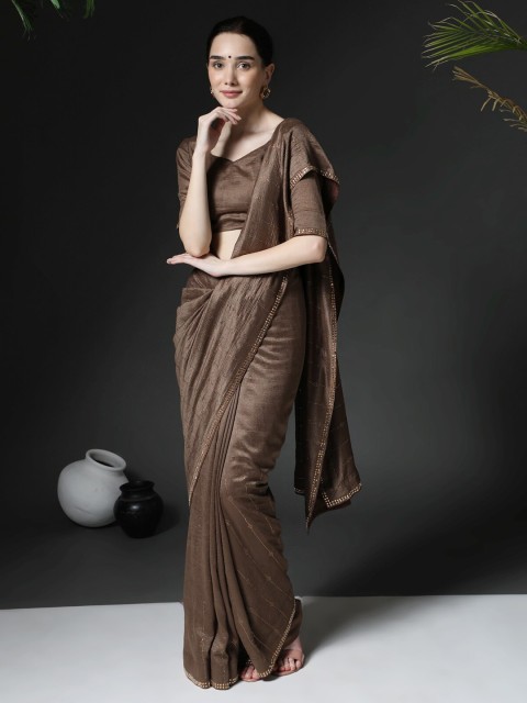 

PUNYATHA CREATION Coffee Brown Striped Embellished Pure Silk Saree