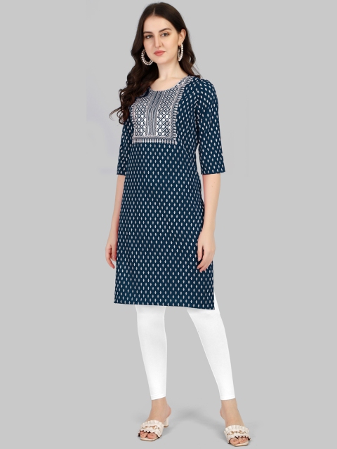 

FAVRIZ Women Blue & White Geometric Yoke Design Kurta