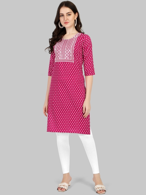 

FAVRIZ Women Pink Geometric Yoke Design Mirror Work Floral Kurta