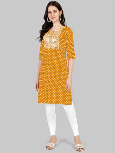 

FAVRIZ Women Mustard Yellow Floral Embroidered Thread Work Floral Kurta