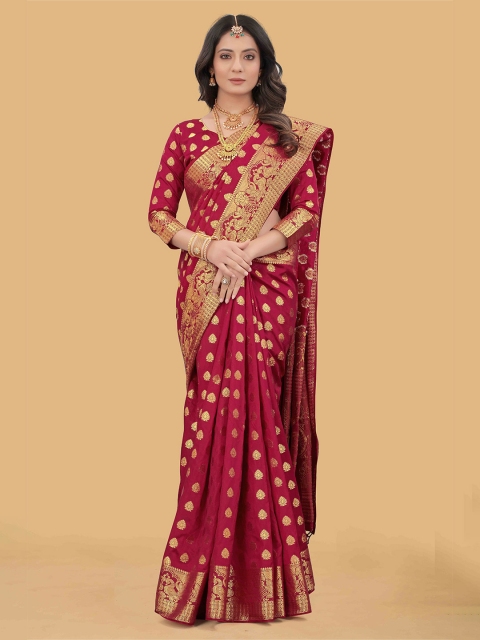 

WEAVETECH IMPEX Red & Gold-Toned Ethnic Motifs Zari Silk Cotton Banarasi Saree