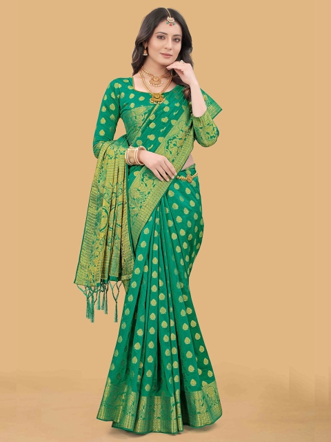 

WEAVETECH IMPEX Green & Gold-Toned Woven Design Zari Silk Cotton Banarasi Saree