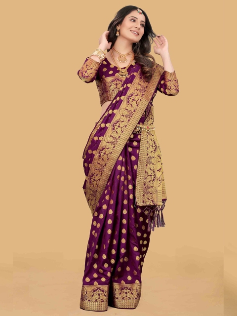 

WEAVETECH IMPEX Magenta & Gold-Toned Woven Design Zari Silk Cotton Banarasi Saree