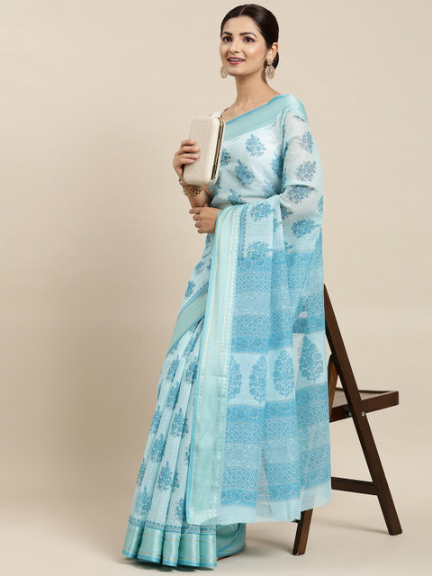 

The Chennai Silks Blue & Silver-Toned Floral Zari Pure Cotton Saree