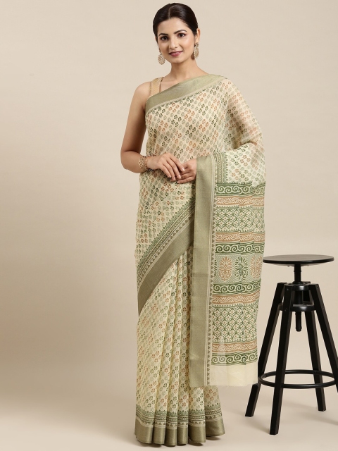 

The Chennai Silks Cream-Coloured & Green Floral Pure Cotton Saree