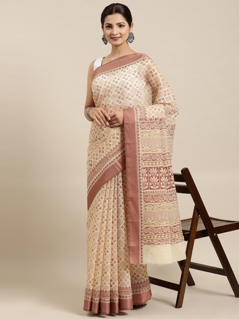 

The Chennai Silks Cream-Coloured & Brown Floral Pure Cotton Saree