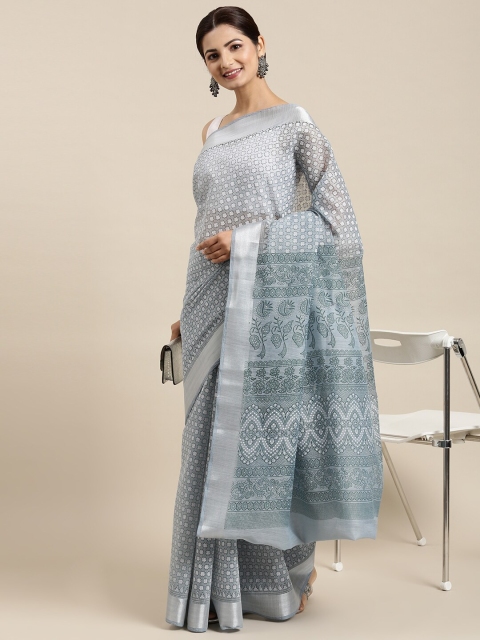 

The Chennai Silks Blue & White Floral Zari Pure Cotton Saree