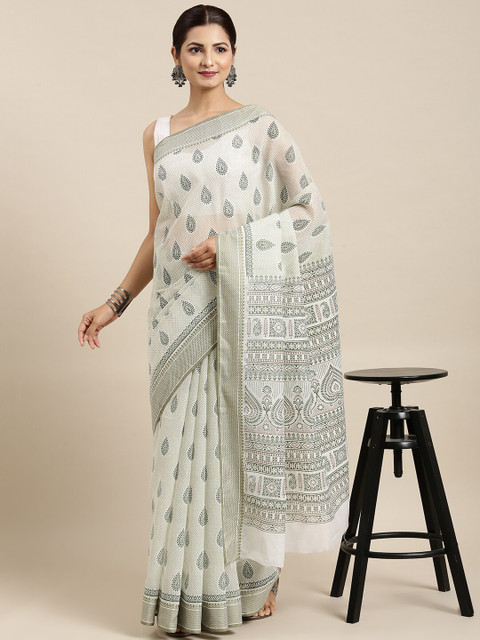 

The Chennai Silks Off White & Green Floral Pure Cotton Fusion Saree