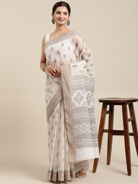 

The Chennai Silks Off White & Brown Ethnic Motifs Zari Pure Cotton Saree