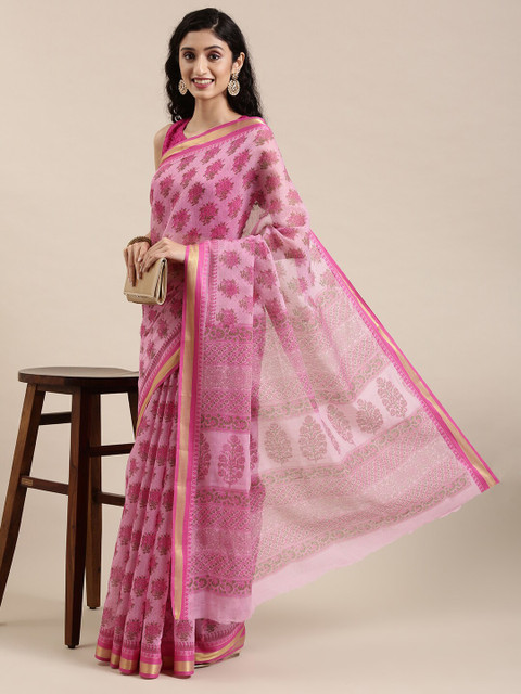 

The Chennai Silks Pink & Gold-Toned Floral Zari Pure Cotton Saree