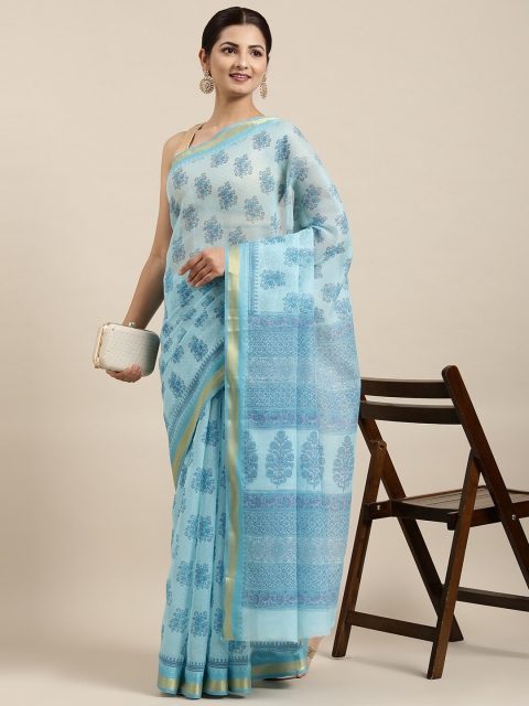 

The Chennai Silks Blue & Gold-Toned Floral Pure Cotton Saree