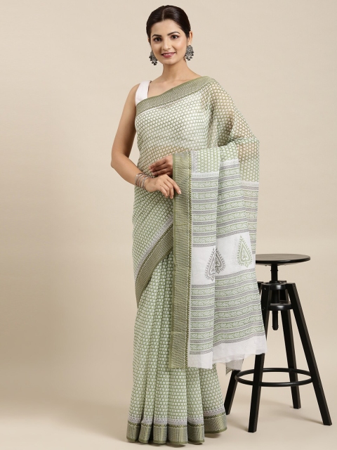 

The Chennai Silks Green & White Floral Zari Pure Cotton Saree