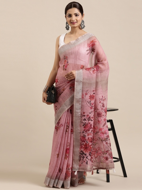 

The Chennai Silks Pink & Grey Floral Linen Blend Fusion Saree