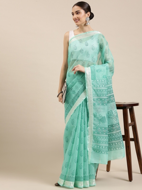 

The Chennai Silks Green & White Floral Zari Pure Cotton Fusion Saree