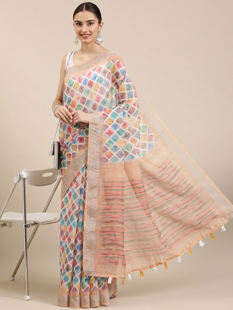 

The Chennai Silks Women Off White & Grey Zari Linen Blend Fusion Saree