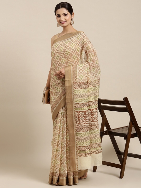 

The Chennai Silks Women Cream-Coloured & Brown Floral Zari Pure Cotton Fusion Saree