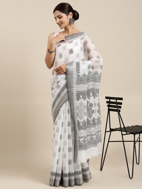 

The Chennai Silks White & Grey Floral Zari Pure Cotton Fusion Saree