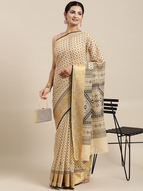

The Chennai Silks Cream-Coloured & Gold-Toned Floral Zari Pure Cotton Fusion Saree