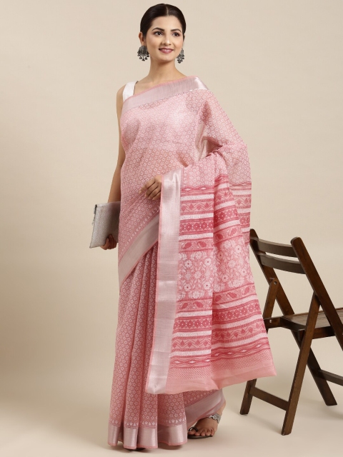 

The Chennai Silks Pink & Silver-Toned Floral Zari Pure Cotton Fusion Saree