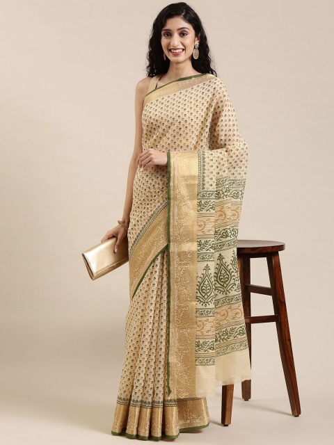 

The Chennai Silks Cream-Coloured & Olive Green Floral Zari Pure Cotton Fusion Saree