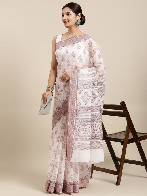 

The Chennai Silks Off White & Brown Floral Pure Cotton Fusion Saree