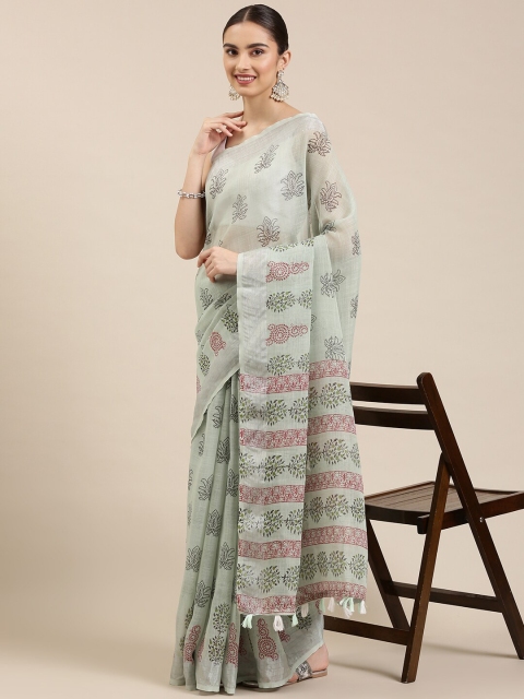 

The Chennai Silks Green & Pink Floral Linen Blend Saree