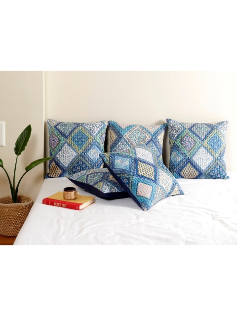 

HANDICRAFT PALACE Blue & Beige Set of 2 Floral Square Cotton Cushion Covers