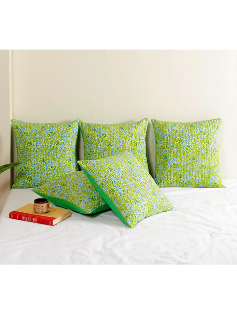 

HANDICRAFT PALACE Set of 2 Green Floral Quilted Square Cushion Covers