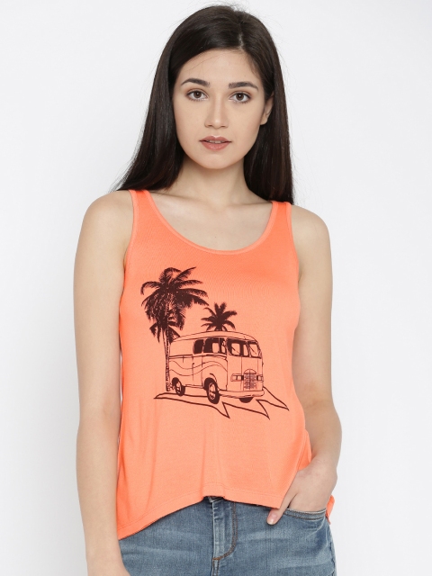 

Flying Machine Women Peach-Coloured Printed High-Low Top