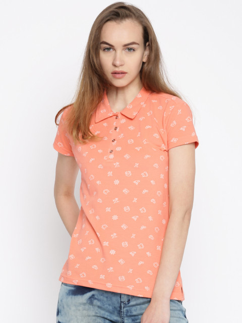 

Flying Machine Women Peach-Coloured Printed Polo Collar T-shirt