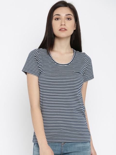 

Flying Machine Women Navy & White Striped Round Neck T-shirt, Navy blue