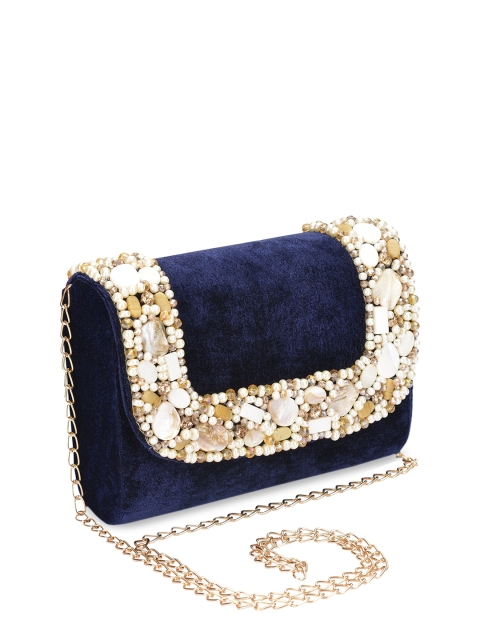 

INAAYA Navy Blue & White Embellished Envelope Clutch